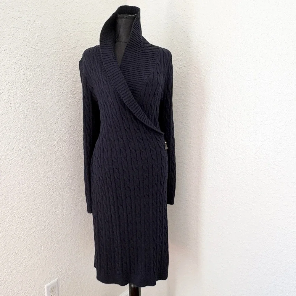 Lauren Ralph Lauren Cable Knit Wrap Dress, Womens Large Navy Blue - Picture 3 of 15